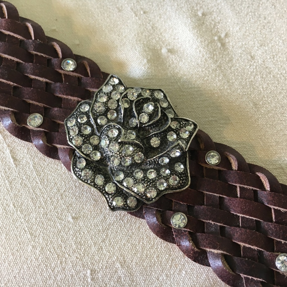 Leather Braided Wristband Cuff w/ Rhinestone Rose